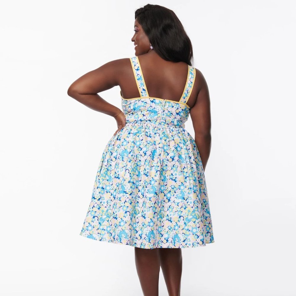 Smurfs X Unique Vintage Smurf Floral Print Pinafore Swing Dress, NWT - Picture 2 of 13